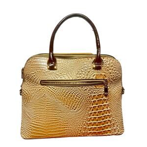 Beige and orange leather crocodile print handbag with brown tassel